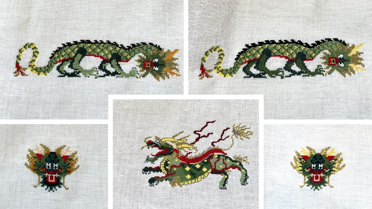 Драконы. Специально вышивала одинаковые дизаны чуть-чуть по-разному. Они пойдут на крышку, две длинные боковые и две короткие боковые стороны коробки