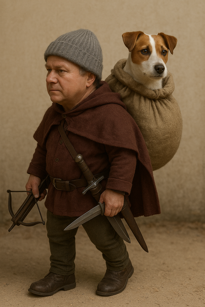 Четвертый, маленький человечек, нес на спине мешок, из которого выглядывала любопытная мордочка хиссуна-следопыта. Коротышка был в узких штанах, коротком плаще и серой вязаной шапочке. Вооружение его составляли меч и арбалет. (Описание Туора Биорка в романе А Мазина "Потрясатель тверди").