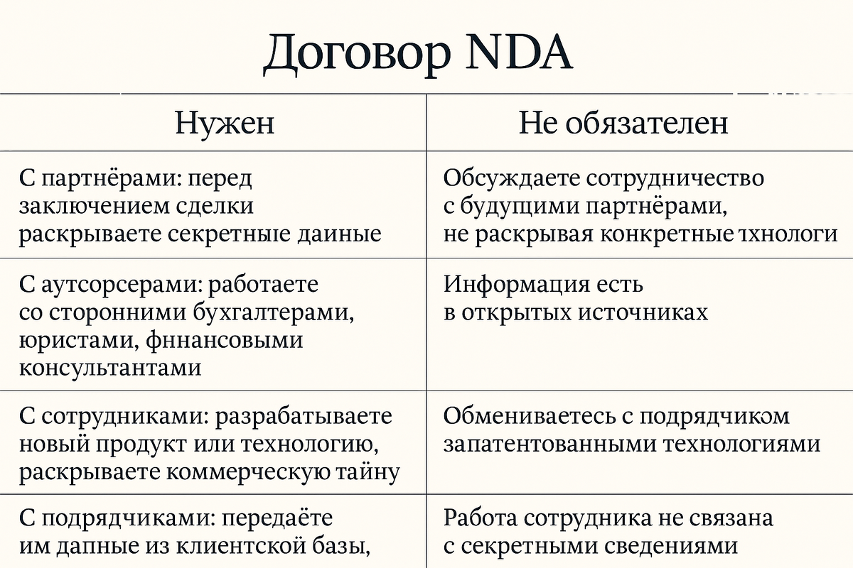 Таблица примеров, когда договор NDA нужен и не обяазтелен.