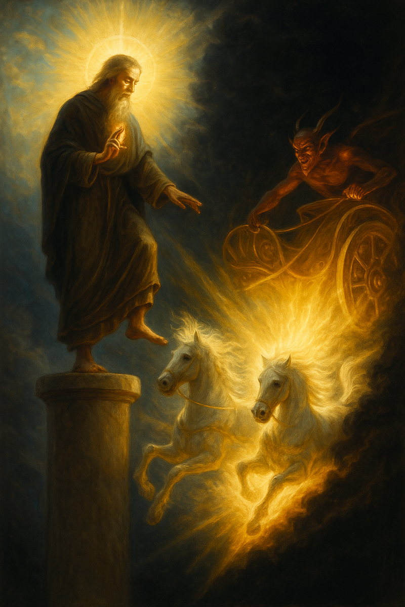 На изображении представлена сцена великого духовного испытания: к Симеону Столпнику, стоящему на высокой колонне, приближается великолепная колесница, ослепительно сияющая. Она окружена светом, напоминающим небесное сияние, и запряжена сияющими конями. На колеснице — существо в облике светлого ангела: белые одежды, золотое сияние вокруг головы, руки протянуты к Симеону с мнимым благословением. Но в глазах этого ангела — неземная, пугающая пустота. Это не посланник Бога, но дьявол, принявший обольстительное обличье.

Симеон, облачённый в простую грубую одежду, с телом истощённым подвигом, держит ногу на краю своей колонны, словно готовясь ступить на колесницу. Однако в решающий момент он останавливается и с великой силой духа осеняет себя крестным знамением. В этот миг иллюзорное сияние исчезает, колесница начинает рассыпаться в воздухе, а фигура ангела мгновенно теряет облик света, обнажая своё истинное существо — тёмное, искажённое, полное ненависти.

Вокруг — сумрачное небо, свидетель зримого обмана, и свет исходящий от Симеона, который остаётся на своей колонне как символ стойкости в истине. Это изображение раскрывает момент различения духов: когда видимое величие и даже свет могут быть обманом, а истинная сила — в распознании и в Духе Истины








