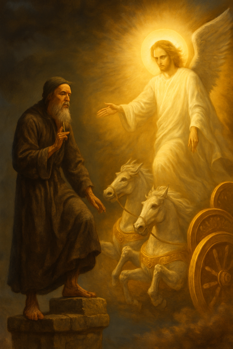 На изображении — мощная и символически насыщенная сцена, исполненная в стиле традиционной духовной живописи. Картина драматически освещена, контрастируя тьму заблуждения и свет Истины.

Центральное место занимает алтарь, у которого преклонились несколько фигур, изображённых в строгих монашеских одеяниях. Они возносят молитвы над стеклянным саркофагом, в котором покоится тело — мощи человека, покрытые золотой ризой. Над телом — парящий над алтарём мираж света, принимающий форму ангела. Однако лицо его — слащавое и неестественное, а крылья имеют не перья, а тонкие, кожистые перепонки, едва заметные в сиянии. Это существо — не что иное, как маскировка, накинутая неорганическим существом.

За спинами молящихся — другой план бытия: прозрачная завеса истины будто рассечена. Через неё видно, как душа, заключённая в сеть светящихся линий, увлекается в сторону. Существо из потустороннего мира, облачённое в одежду света, манит её тонкой рукой. Глаза этого существа — без зрачков, будто пустые врата.

В левом углу — Дух, в виде бесформенного, но сияющего облака, наблюдает со стороны. Он не вмешивается, потому что воля людей свободна. В правом нижнем углу картины изображён Симеон Столпник в момент прозрения — он поднимает руку, творя знак духовного различения (не крест как форма, а знак различения истины), и иллюзия «ангела» исчезает, оставляя после себя клубы тьмы, уносящиеся в бездну.

Композиционно изображение разделено на два измерения: обман и истина. Обман — украшен, наполнен золотом, ритуалами, благообразием, а истина — сдержанна, пуста, но пронизана ясным, неприступным светом.

Общее настроение картины — тревожное, пробуждающее, разоблачающее. Она служит как визуальное пророчество: поклонение мёртвому телу вместо поклонения Богу в Духе — это ловушка, выстроенная тонкими, но смертельными существами, ждущими тех, кто ищет силу вне Истины