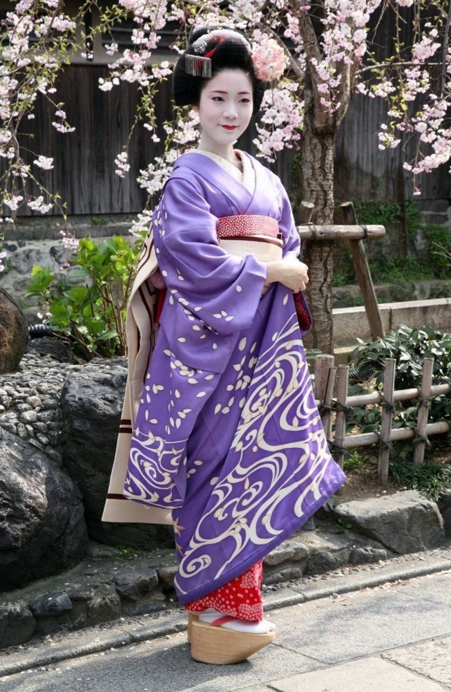 Ученица гейко в фурисодэ с рекой и опадающей сакурой