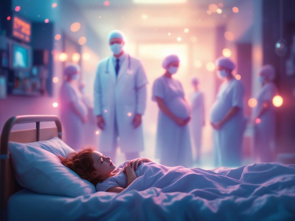    К чему такое снится: На картине изображена будущая мать в роддоме, которая стоит среди медперсонала. Все фигуры выглядят неопределённо, как во сне. Вокруг мягкие цвета и размытые формы,