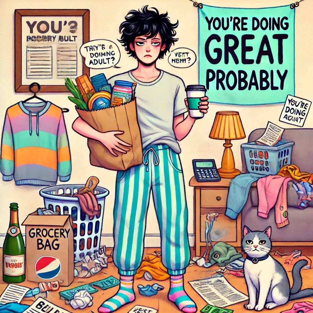 Рисунок передаёт весь хаос, юмор и реалии взросления: кофе, квитанции, кот в носках и та самая надпись “You’re doing great (probably)”. В общем, жизнь такая, как она есть 😅