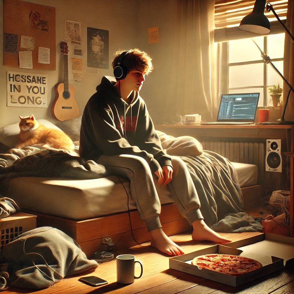 Всё по канону: наушники, пицца, кот, ламповый свет и лёгкий творческий беспорядок 🎧🍕🐱