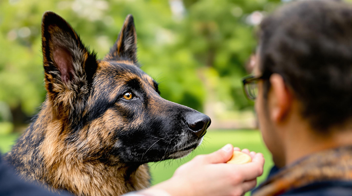 Внимательная немецкая овчарка слушает хозяина на прогулке, момент доверия и взаимопонимания на природе.