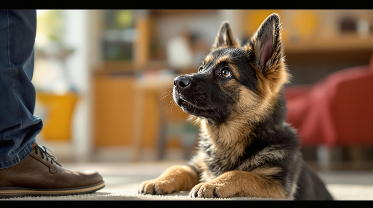 Послушный немецкий щенок на обучающей сессии дома, момент внимания и доверия между собакой и владельцем.