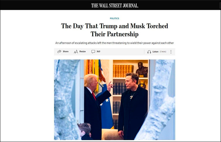    "Расставание" Трампа и Маска - новость №1 в США. Скриншот: интернет-сайт wsj.com
