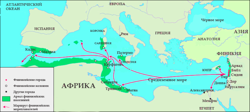 Карта Финикии и финикийских поселений
