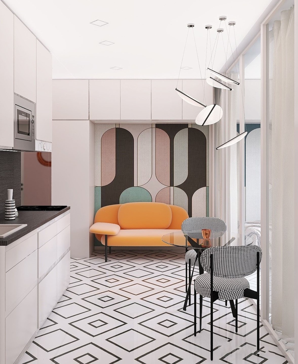                       - Стильная кухня-гостиная в студии отделена от спальной и рабочей зон -