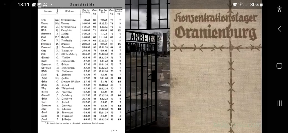 Список самых первых заключённых Ораниенбурга с весом прибытия и весом при освобождении.  Кто-то может засомневаться, мол набрать 10 и больше килограмм маловероятно за несколько месяцев.  Мы не знаем, кем были эти первые узники - бродягами, наркоманами или ещё кем. Но приходилось наблюдать, как в середине 90х опийный наркоман в лагере за приблизительно полгода удвоил свой вес, с менее 60 кг до более сотни.