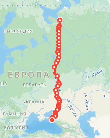 Практически прямой маршрут поездов №187/188 сообщением Архангельск-Новороссийск
