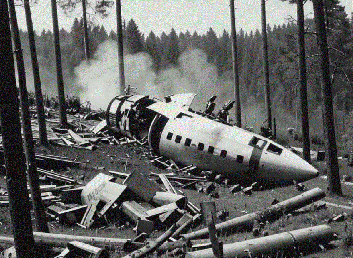 В июне 1958 года самолет Ил-12П потерпел крушение, врезавшись в сопку.  Фото: Изображение сгенерировано нейросетью Kandinsky 3.1