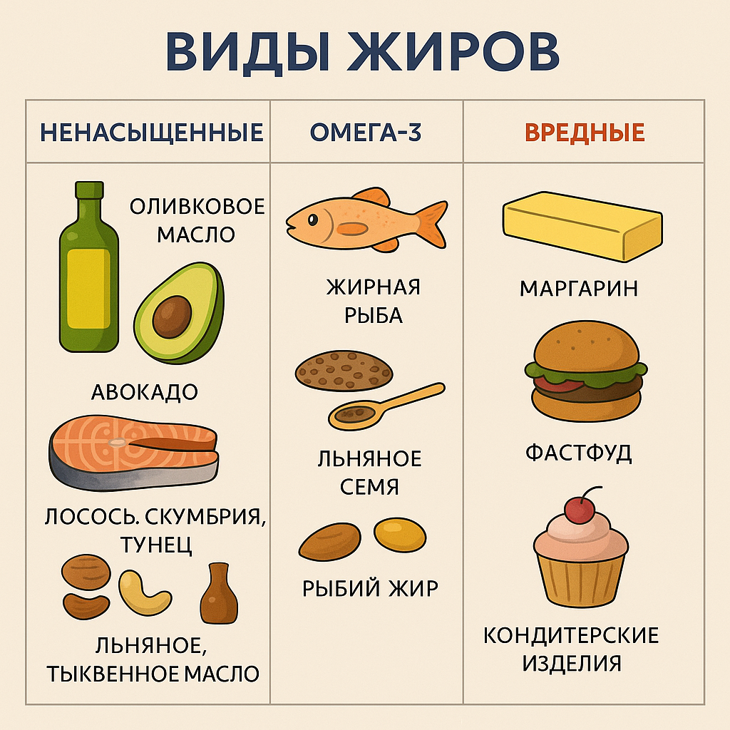 Инфографика с таблицей видов жиров: ненасыщенные, Омега-3 и вредные. С изображениями продуктов — авокадо, рыбы, орехов, масла, маргарина, фастфуда и кексов.