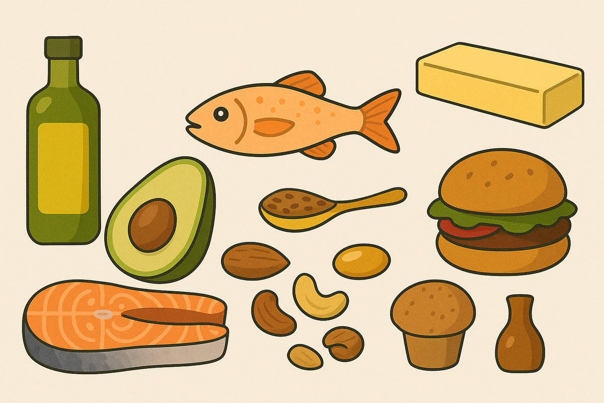 содержащими разные виды жиров: оливковое масло, авокадо, рыба, лосось, орехи, семена, маргарин, бургер и кекс на бежевом фоне.