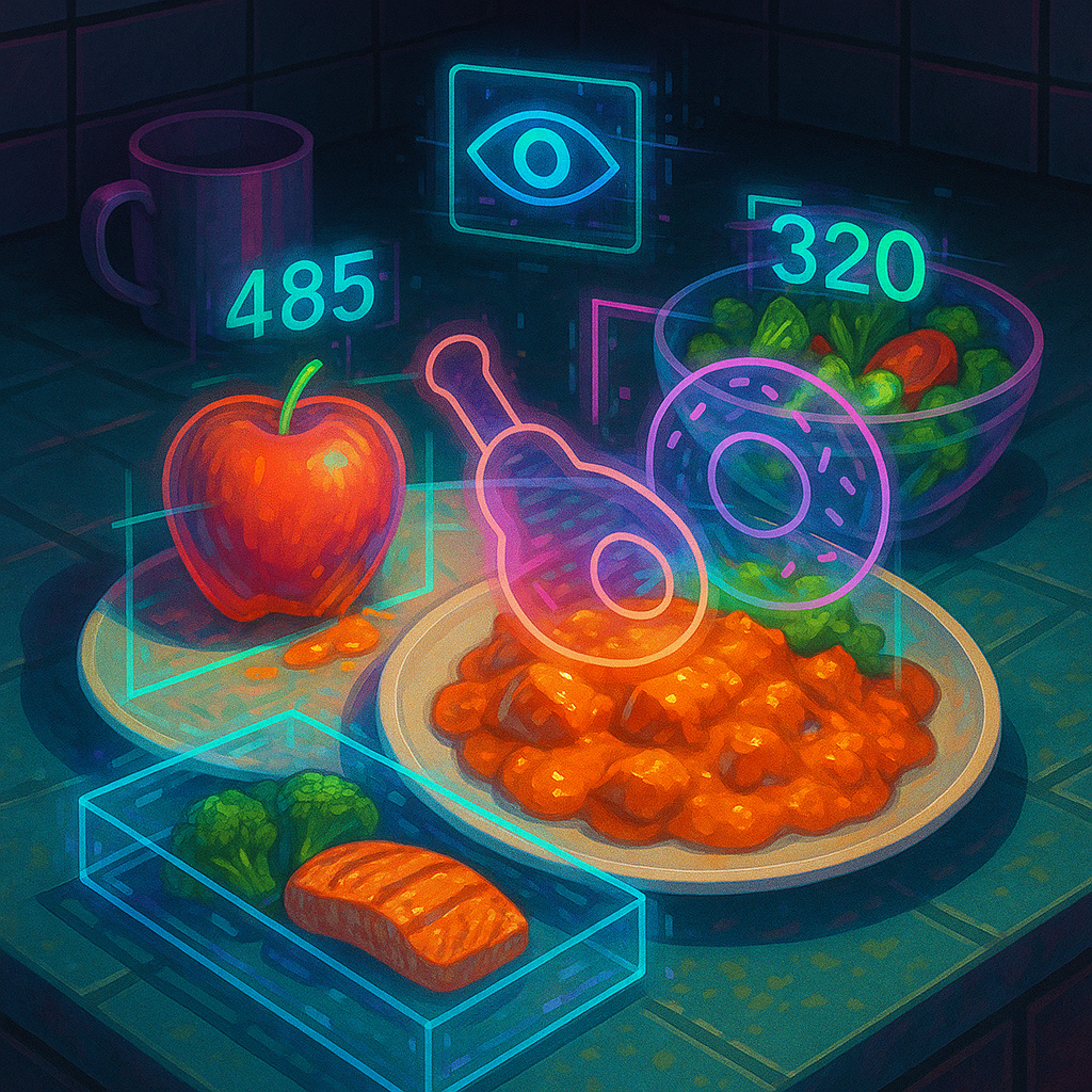 Неоновый кухонный натюрморт в «киберпанк»-стиле: AR-оверлей выдаёт ложные калории — яблоко подсвечено как жареная курица, салату приписан пончик, а лосось заключён в прозрачный «бокс» с неверными цифрами. Сцена подчёркивает абсурдность ошибок ИИ-счётчиков.
