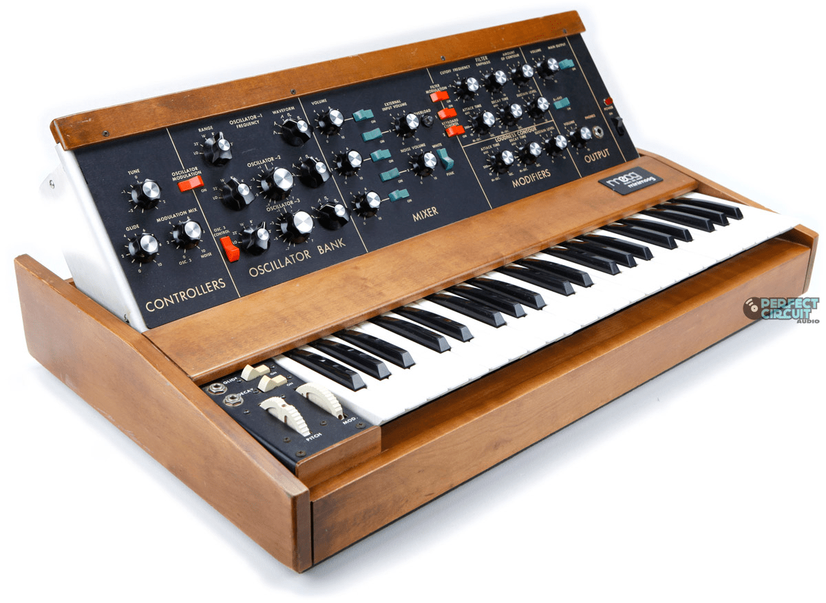 MiniMoog, батя всей синтезаторной музыки. Был выпущен в 1970, и к концу десятилетия легко было найти его на вторичке за недорого. То же касалось ARP Odyssey. Фото: Vintage Synth Explorer