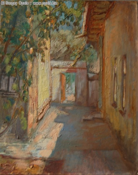 Этот дворик детства художника близ Алайского базара!
Я здесь - хозяин. Дворик мой. Сижу, пью чай.
Открыта дверь. "Эй, путник, заходи!"
Зелёный чай нальёт вам Гюльчатай.
"Эй, Рыжик, брысь! И ты, Полкан, поди!"  