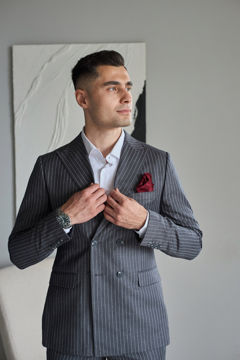 Мужской двубортный костюм в полоску в Английском стиле, шерсть