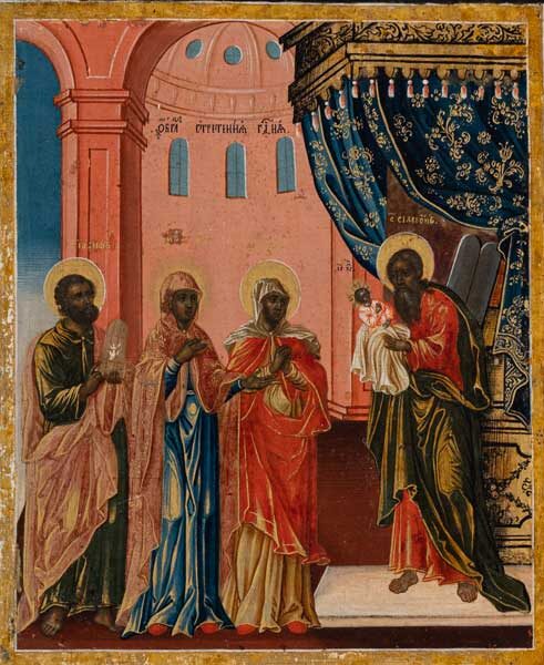 Деталь иконы "СВЯТИТЕЛЬ ВУКОЛ СМИРНСКИЙ, С ОБРАЗОМ СРЕТЕНИЯ ГОСПОДНЯ". 1739 год. Егор Иванов Грек, Москва. Дерево, темпера; 32,3 × 27,6 см. Собрание Музея имени Андрея Рублева