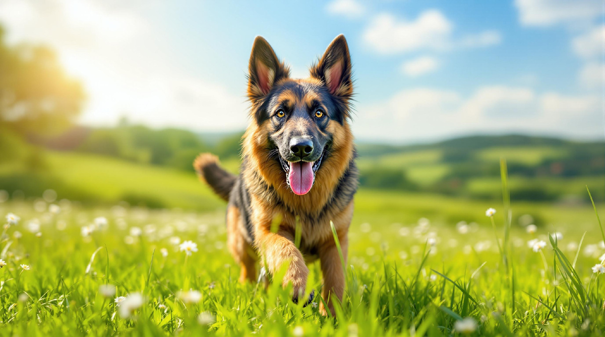 Активная немецкая овчарка бегает и играет в зеленом поле на природе, яркое солнце, счастливый и здоровый питомец.