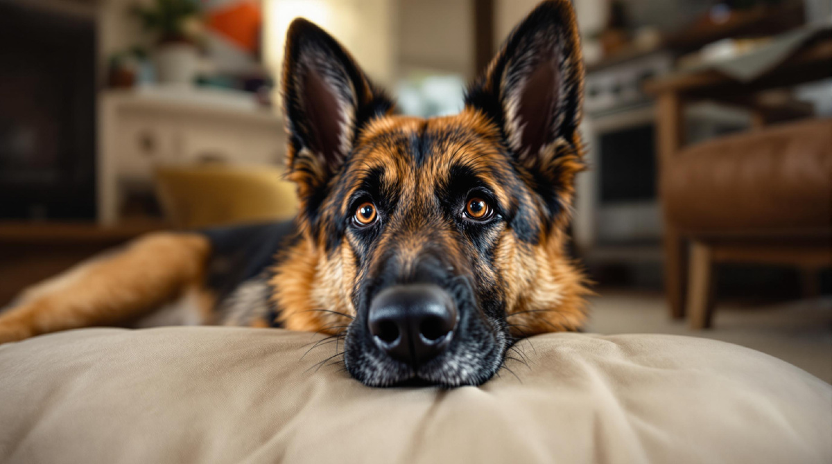 Немецкая овчарка с легкой и уверенной походкой — собака легко встает, не прихрамывает и не шаркает задними лапами. Она отлично себя чувствует во время прогулок, не устает раньше времени, готова играть, бегать и ловить фрисби. Обратите внимание: скученность после сна, неуверенность на лестнице или короткая «беготня» могут быть признаками дисплазии или проблем с суставами и позвоночником. Овчарка активно проявляет интерес к играм, тянет за игрушки и реагирует на вопросы, лишена дурных привычек вроде постоянного зевания или облизывания пола.