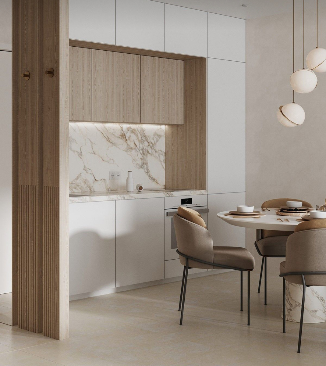 Плавные линии, мягкие теплые цвета - особенности кухни в стиле джапанди