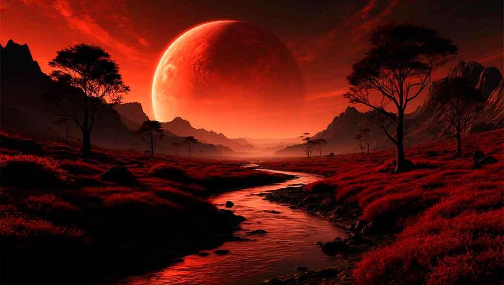 Представление нейросети о пейзажах на планете красного карлика
