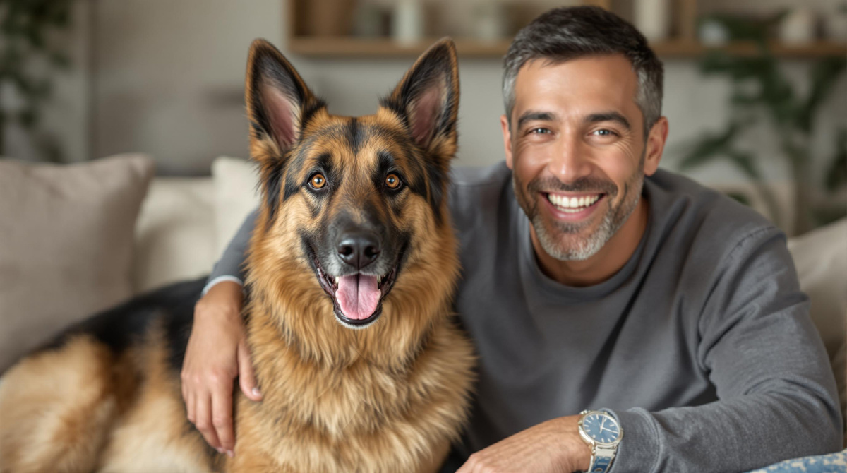 Мужчина с немецкой овчаркой в уютной домашней обстановке, дружелюбие, доверие и комфорт с питомцем, подходящая домашняя собака.
