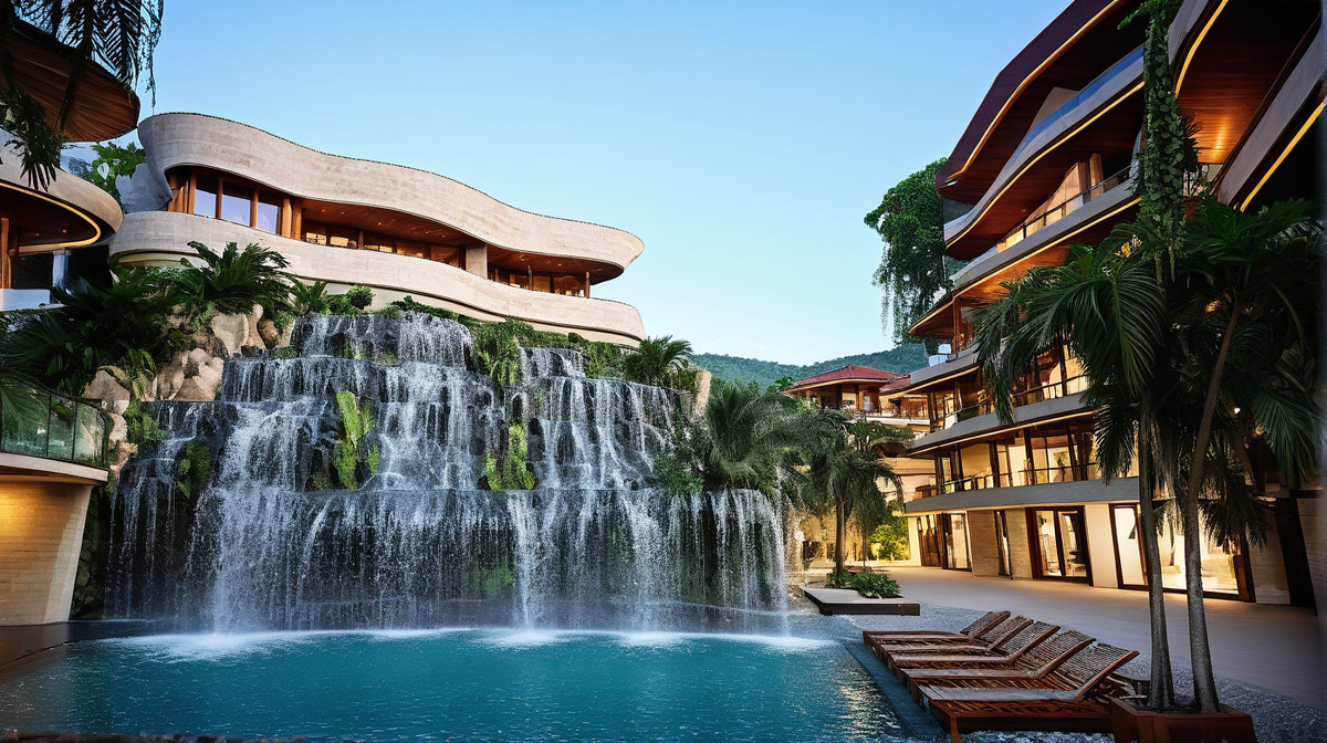 Вид на бассейн и водопад в комплексе dandara 