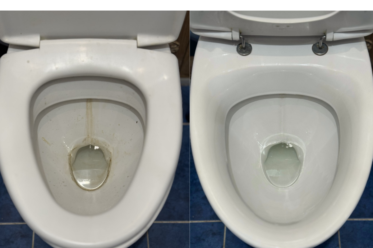 Результат использования комбинации из двух средств Кислотный препарат против ржавчины и известкового налета + щелочной отбеливающий гель с дезинфицирующим эффектом