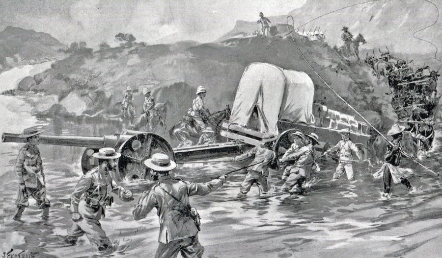 Артиллеристы Royal Navy c запряжкой 4,7-дюймового орудия и фургоном на быках в качестве зарядного ящика преодолевают водную преграду в Южной Африке. Рисунок военного корреспондента.