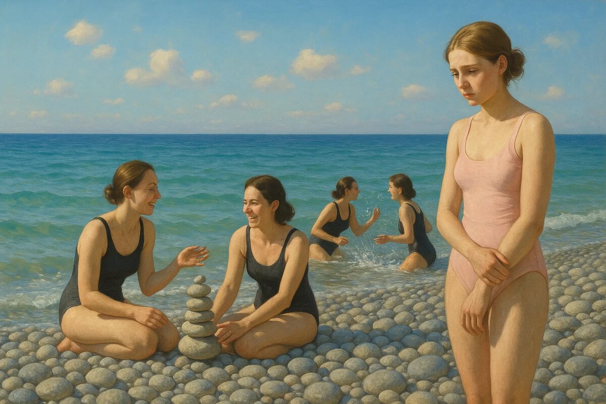 Примерно так это и выглядело, только попадались всё же раздельные купальники. Иллюстрация сгенерирована нейросетью. 