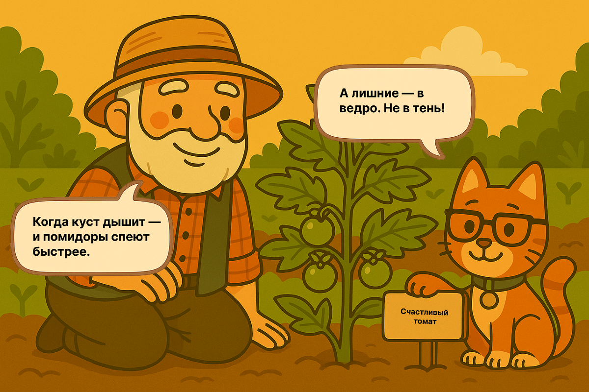 Вот теперь куст дышит, завязи на месте, и урожай — в перспективе. Пасынки — в ведро, помидоры — на салат.