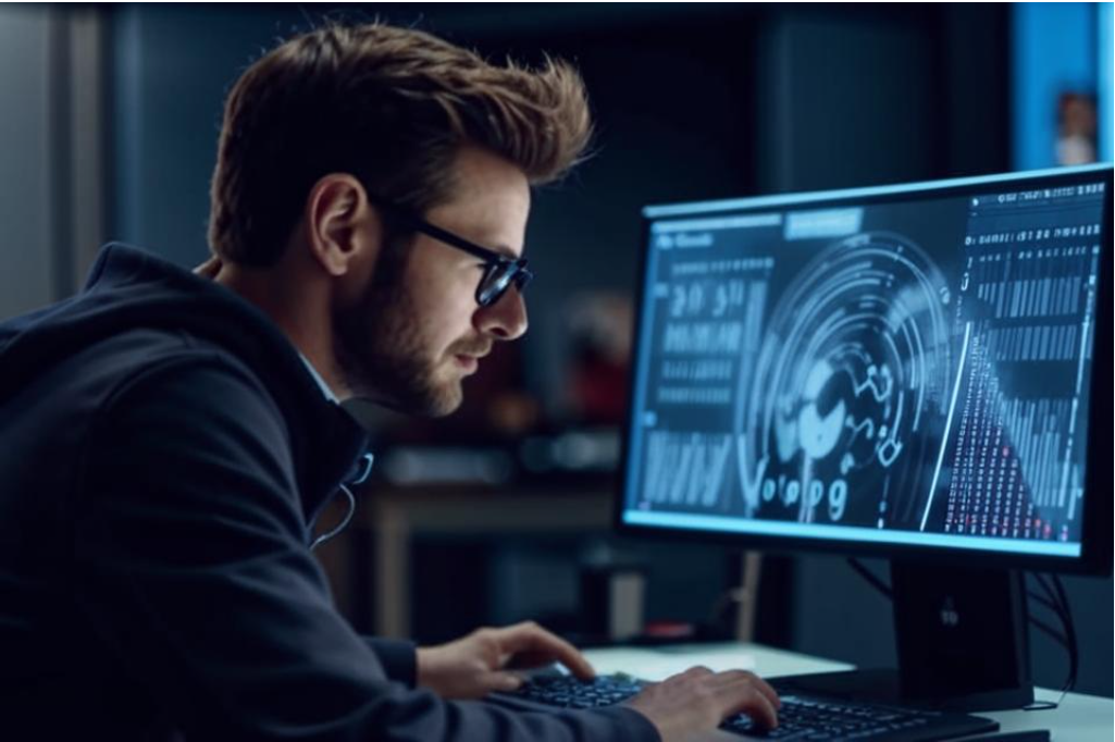 Человек за компьютером. Иллюстрация сгенерирована нейросетью