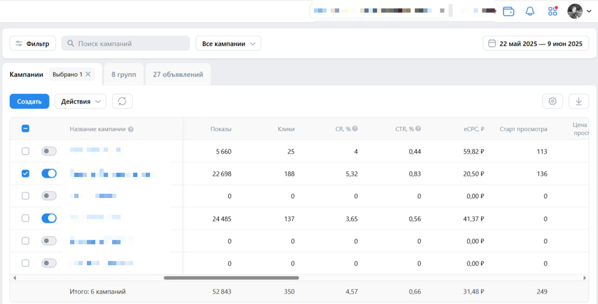 Скрины из рекламного кабинета клиента