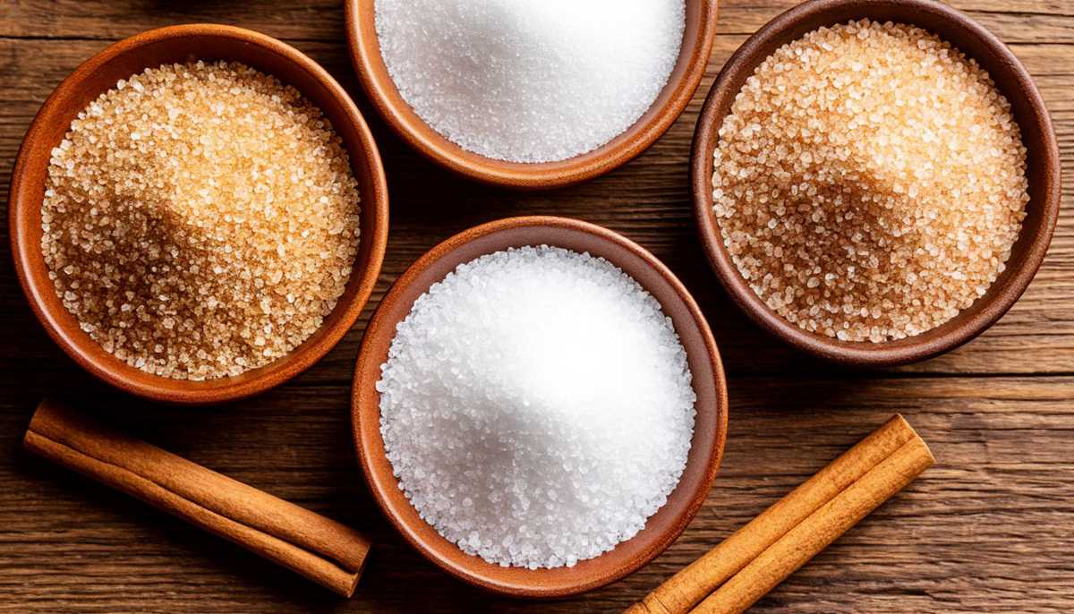 белый и коричневый сахар в пиалах