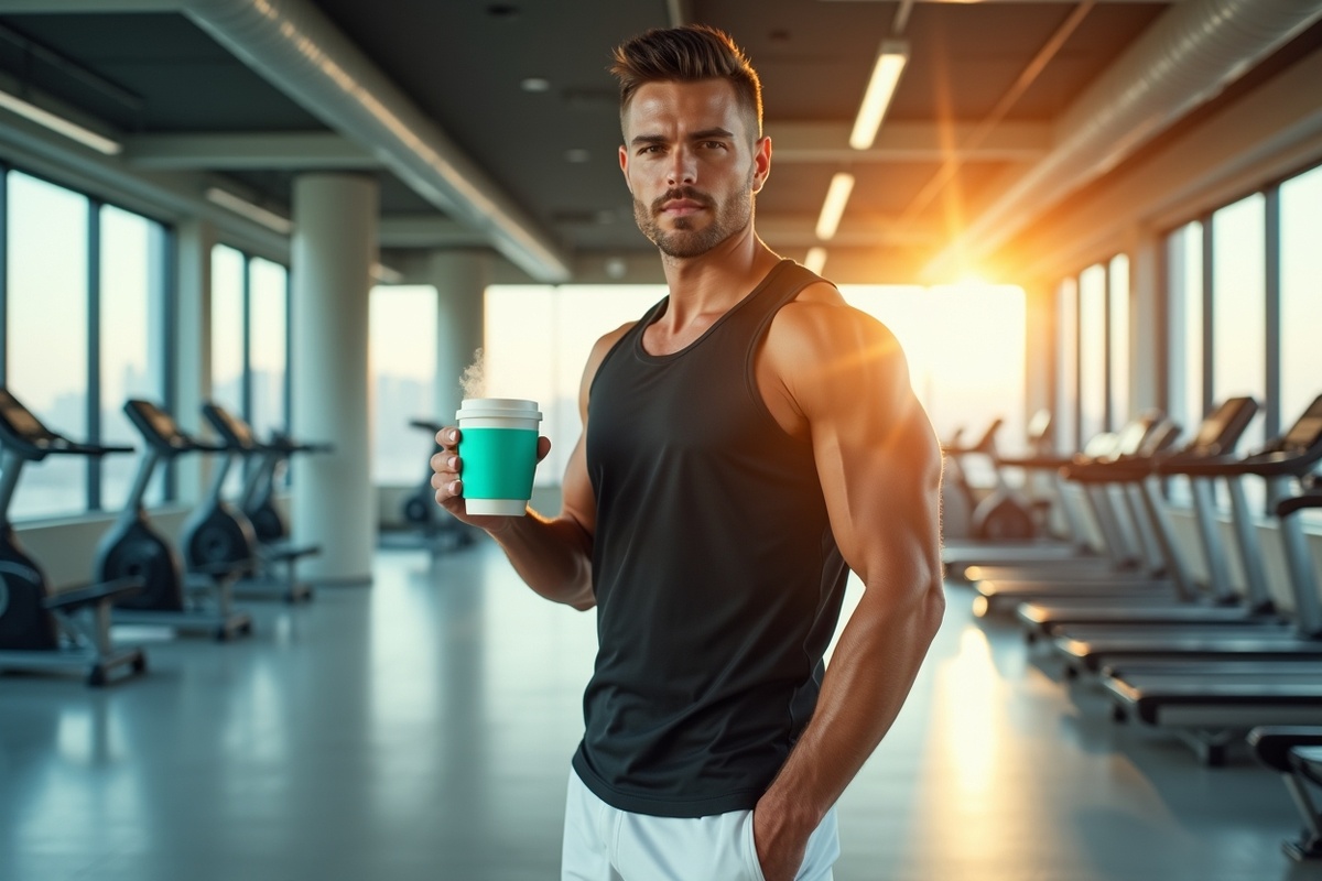    Молодой спортсмен в спортивной одежде с чашкой кофе в светлом тренажёрном зале — готов к тренировке