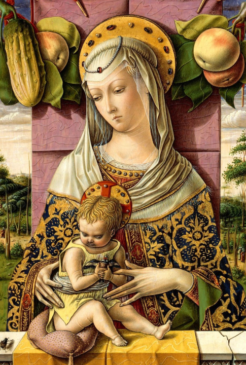 Карло Кривелли"Мадонна и младенец"...  и огурец... Огурец даёт тут отсылку к плодородию и спасению, так как в средневековой традиции огурец иногда связывали с райскими растениями! Такие дела, ребята! 