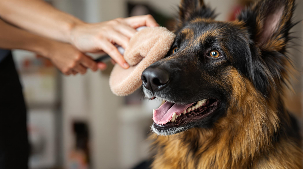 Немецкая овчарка получает профессиональную чистку и уход, забота и гигиена питомца, домашний уход за собакой.