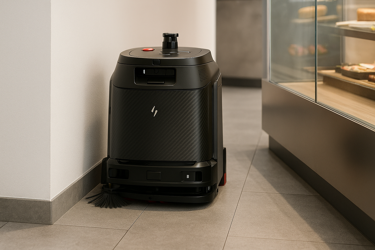  Gausium Phantas качественно убирает вдоль стен, вокруг витрин и под торговым оборудованием — зон, которые традиционно требуют значительных трудозатрат