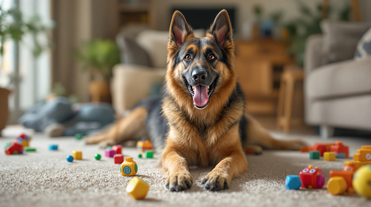 Немецкая овчарка играет с игрушками на ковре в уютной домашней обстановке — идеальный домашний питомец и спутник всей семьи.