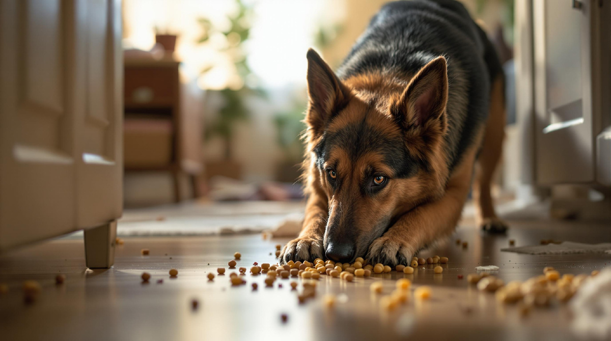  Немецкая овчарка ест сухой корм дома, домашний питомец для семьи, забота о здоровье собаки, правильное питание для собак.