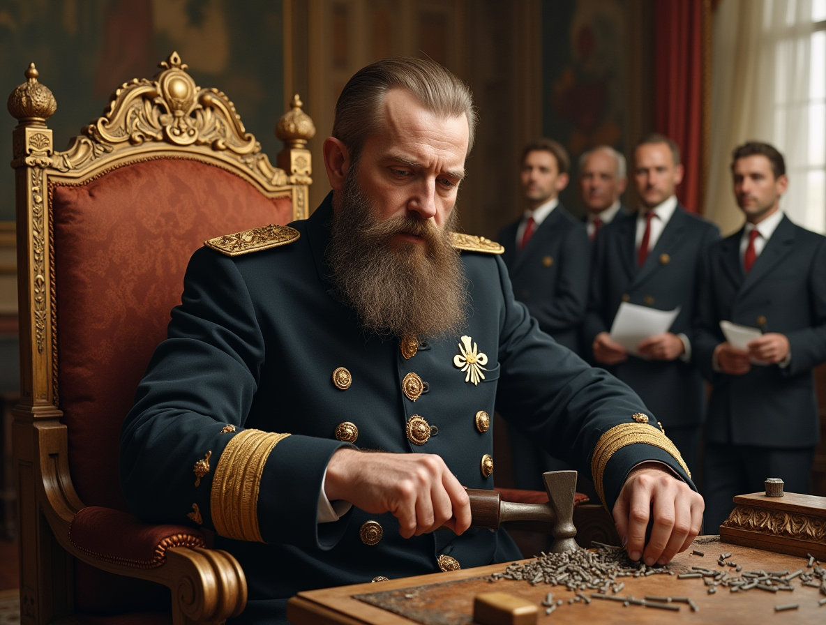 Александр III лично чинит мебель, пока министры ждут с государственными делами