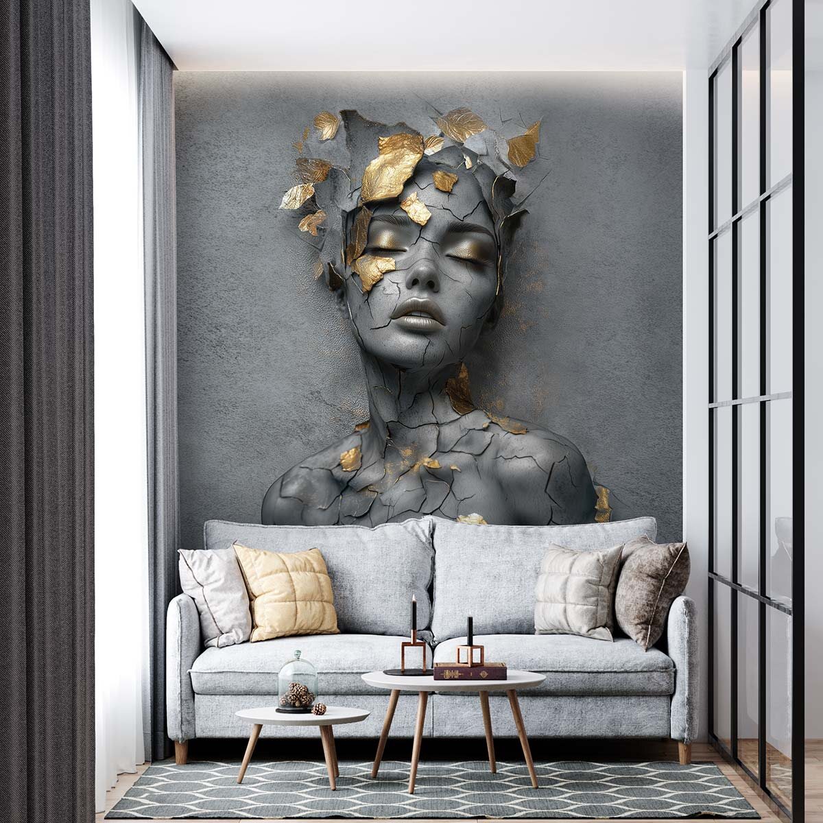Интерьер с серыми барельефными фотообоями VEROL. Артикул на Wildberries: 355338482.