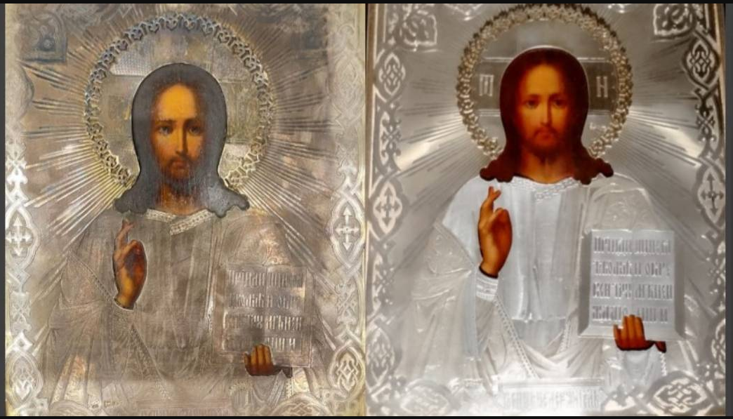 Серебряный оклад на икне "Господь Вседержитель". Состояние до и после реставрации. Фото автора