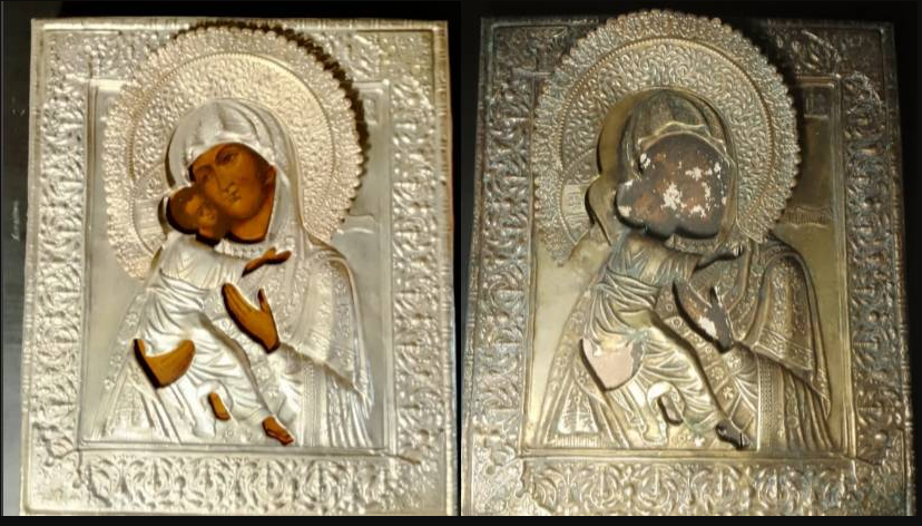 Латунный оклад на иконе "Образ Богородицы Владимирская" Состояние после реставрации и до. Фото автора