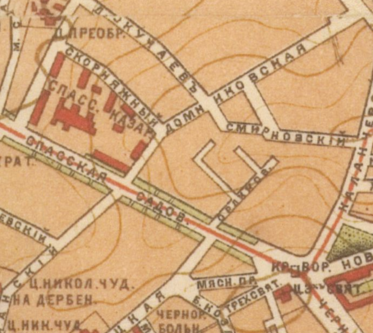Карта 1890 года. Обратите внимание, сколько было зелени вдоль Садовой-Спасской улицы. Также интересно, что название тогда указывали наоборот: Спасская-Садовая. С сайта www.retromap.ru.