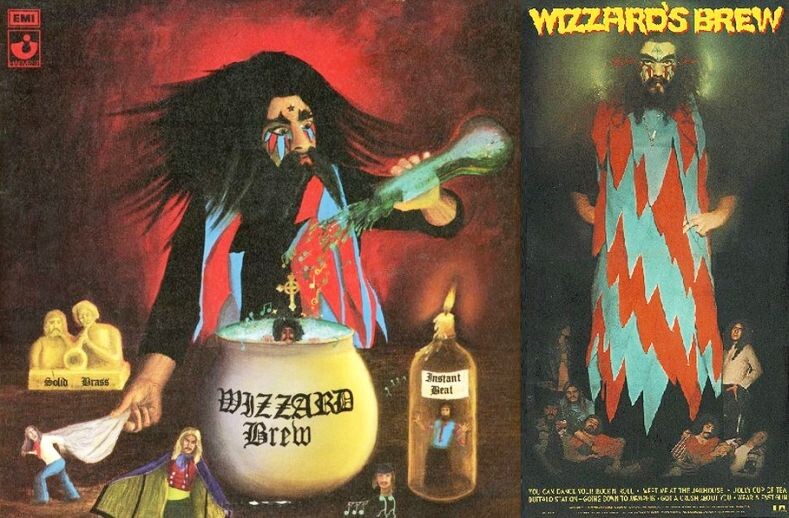 Британский и американский варианты конвертов альбома Wizzard "Wizzard Brew", 1973 г. Американский выпуск был разворотным, на данном скрине показан именно внешний разворот конверта