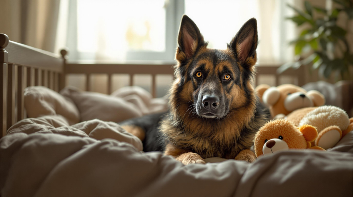 Немецкая овчарка находится в уютной домашней обстановке, окружающая мягкими игрушками, что подчеркивает важность заботы и поддержки при проявлении тревожности у питомца.